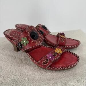 Spring step sandals heels womens 39 8.5  red floral leather artsy  summer beach